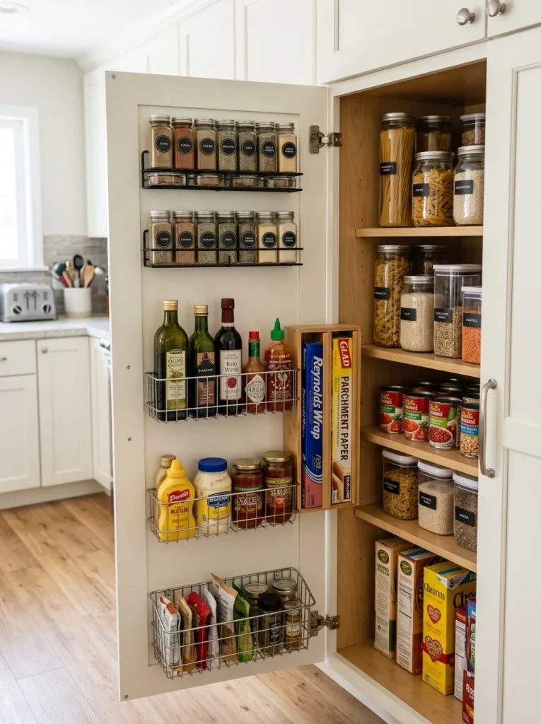 Slim rolling pantry cart fitting between refrigerator and cabinets.