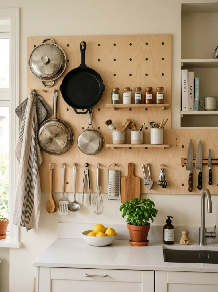 Kitchen pegboard wall storage with hanging utensils and cookware.