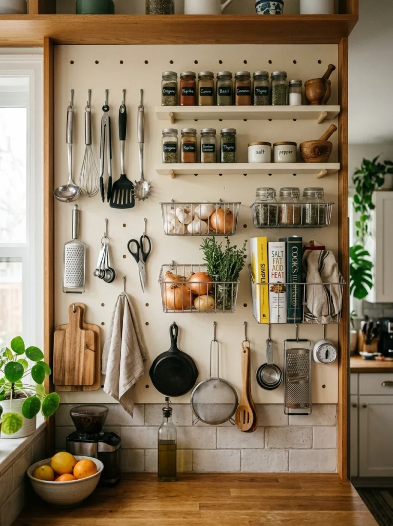 Pegboard pantry wall storage with hooks and baskets in small kitchen.