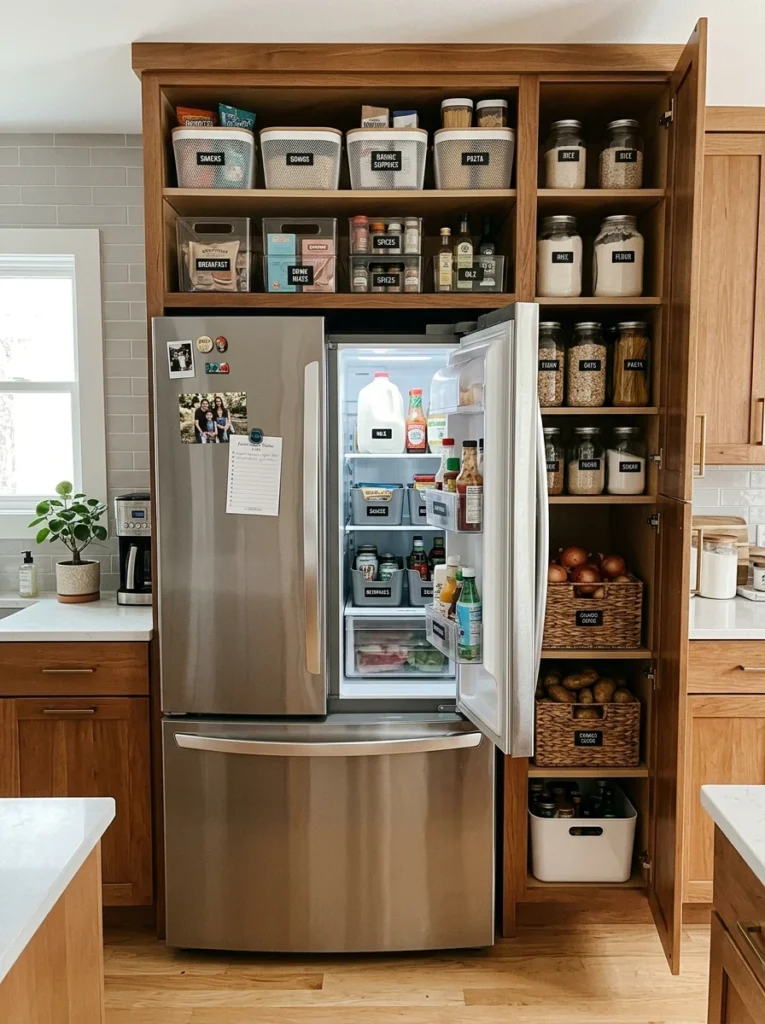 Storage baskets above refrigerator for extra pantry organization.
