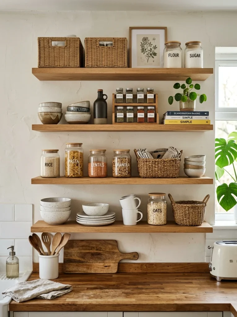 Floating shelves creating additional pantry storage on empty kitchen wall.
