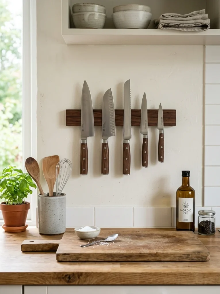Magnetic knife strip replacing bulky knife block in small kitchen.