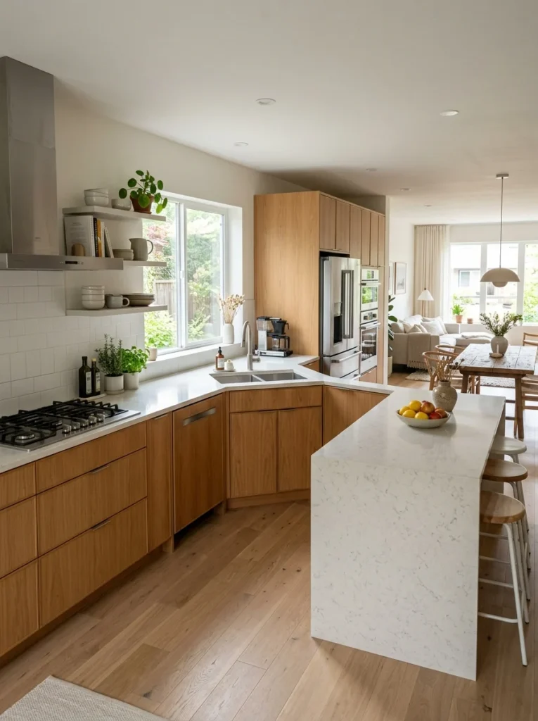 L-shaped kitchen with corner workspace and open-plan design.