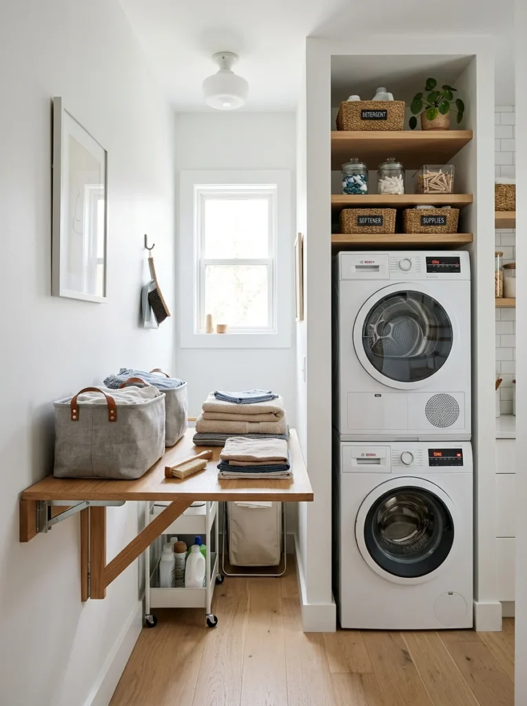 Wall-mounted fold-down laundry table in compact modern laundry space.
