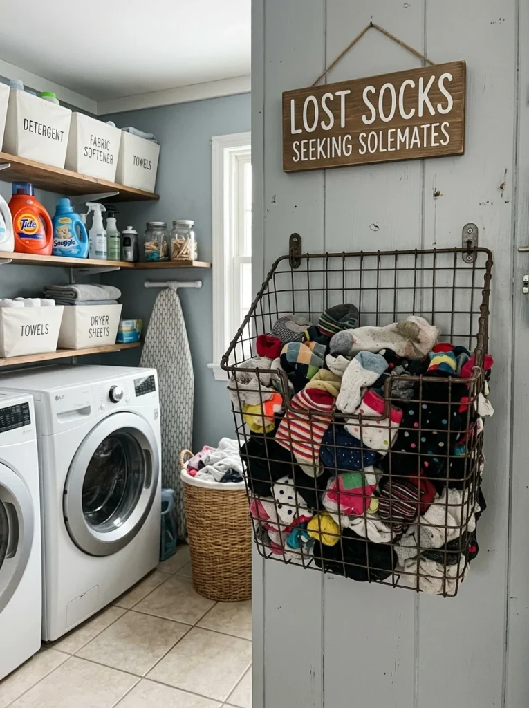 Lost sock basket system for organizing unmatched laundry socks.