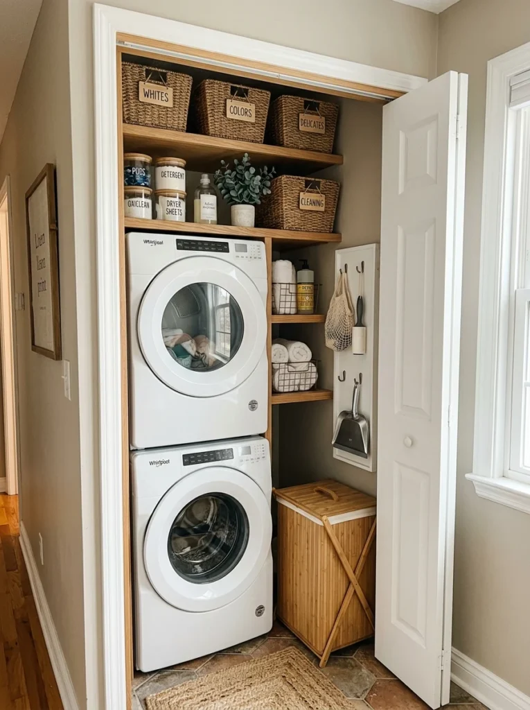 Tiny laundry closet with vertical shelves and organized storage above stacked machines.