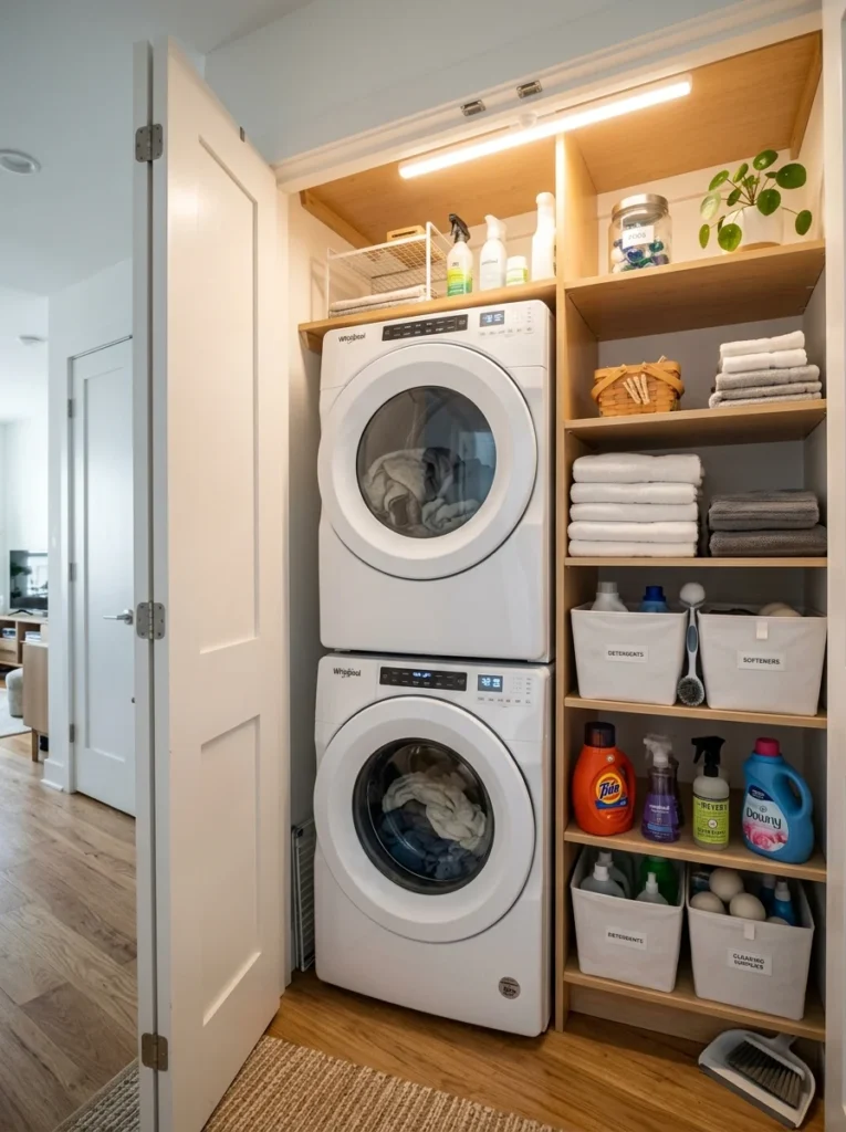 Laundry closet with motion-sensor LED lighting and organized shelving.