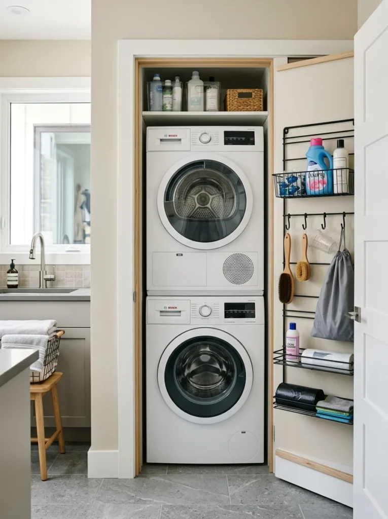 Small laundry closet with narrow side wall storage and hanging hooks.