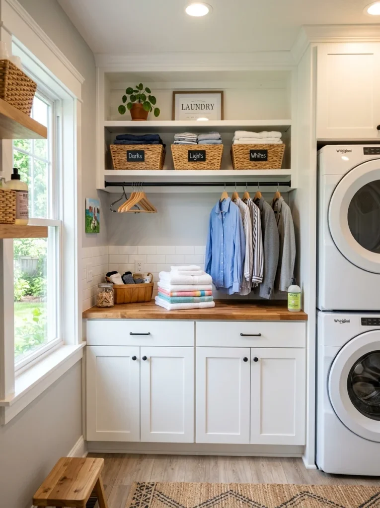 Clean laundry folding zone with organized baskets and hanging rod.