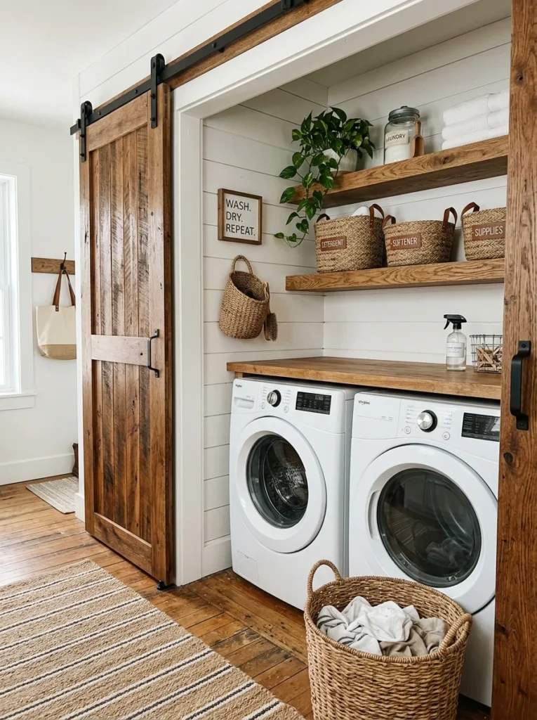Modern laundry nook with barn door and organized storage shelves.