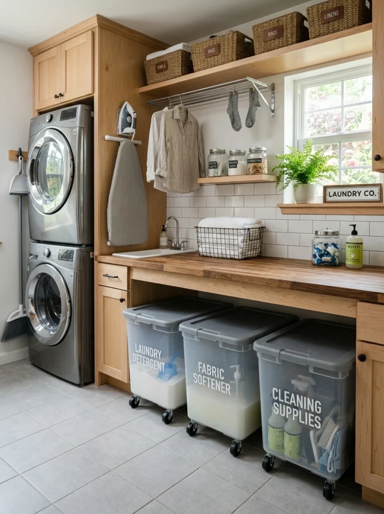Rolling laundry storage bins for bulk detergent and cleaning products.