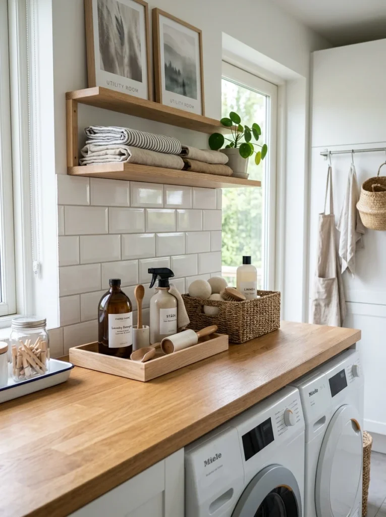 Laundry room tray organization system for detergent and laundry essentials.