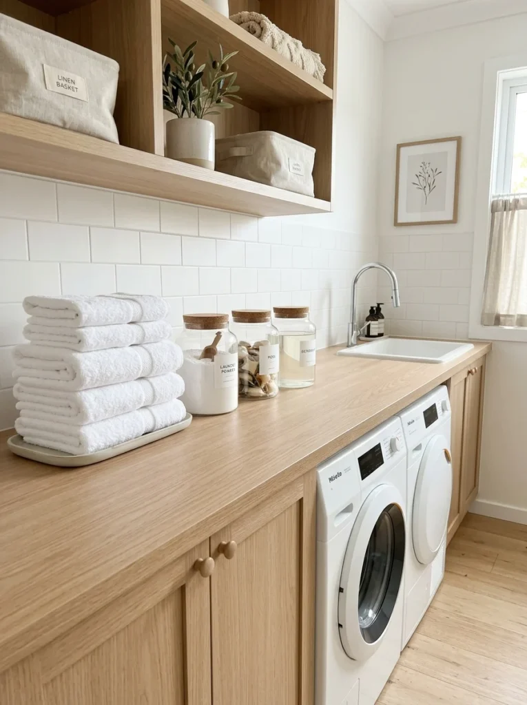 Empty washer and dryer with neatly folded clean laundry.
