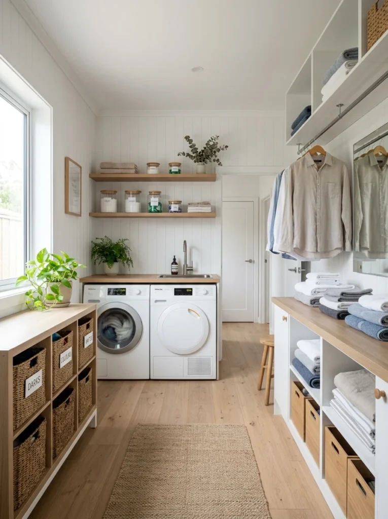 Laundry room organized into dirty laundry, washing, and clean folding zones.