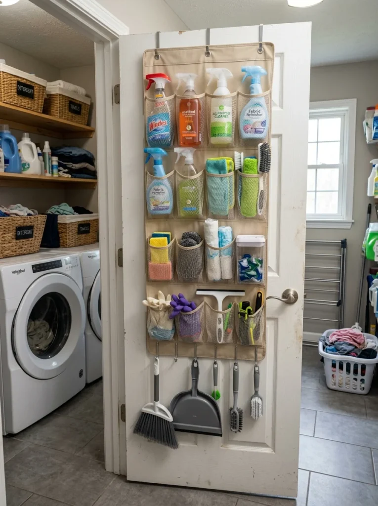 Over-the-door laundry organizer with pockets for cleaning supplies.