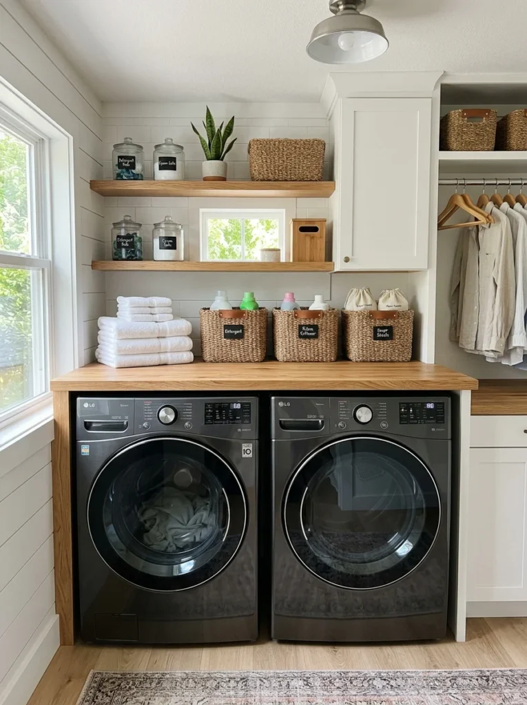 Laundry folding station with countertop above washer and dryer.