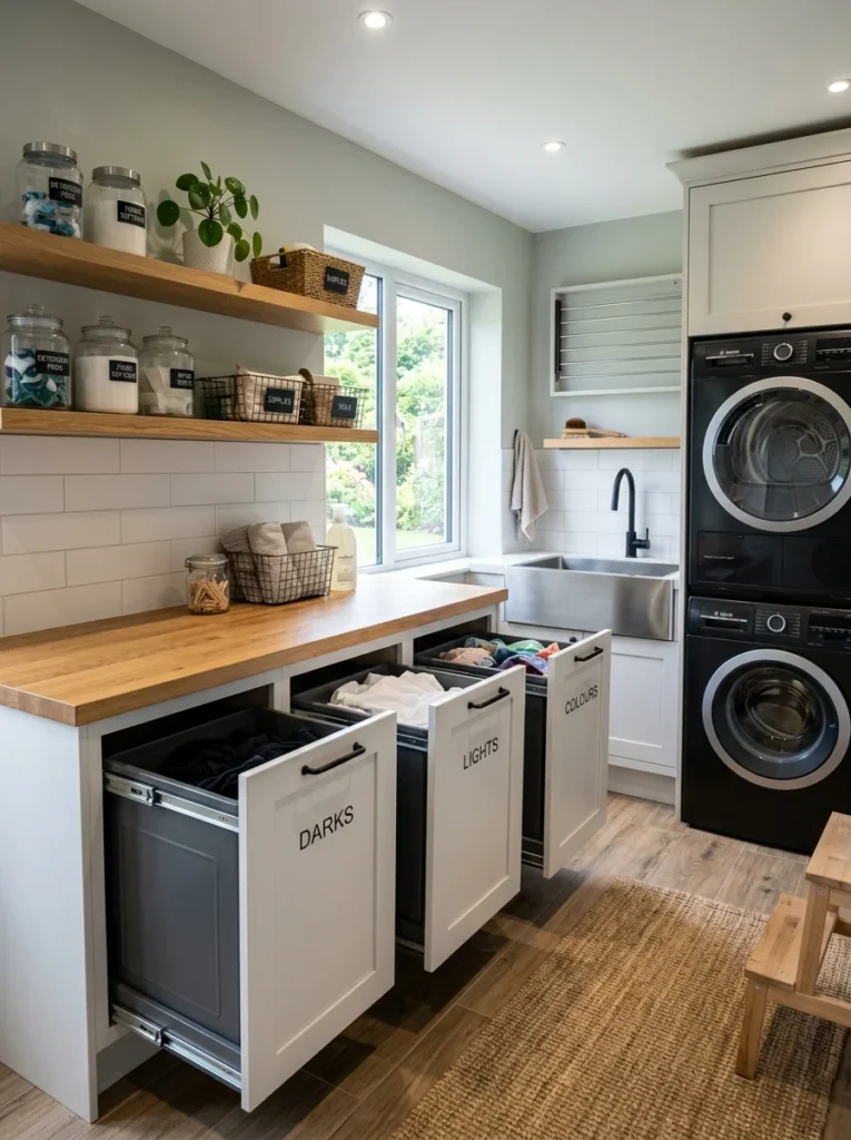 Storage pedestal drawers under front-load washer and dryer.