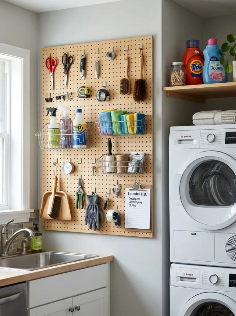 Laundry room pegboard storage wall with organized cleaning tools and accessories.