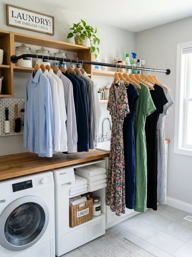 Laundry room supply drawer with organized laundry accessories.