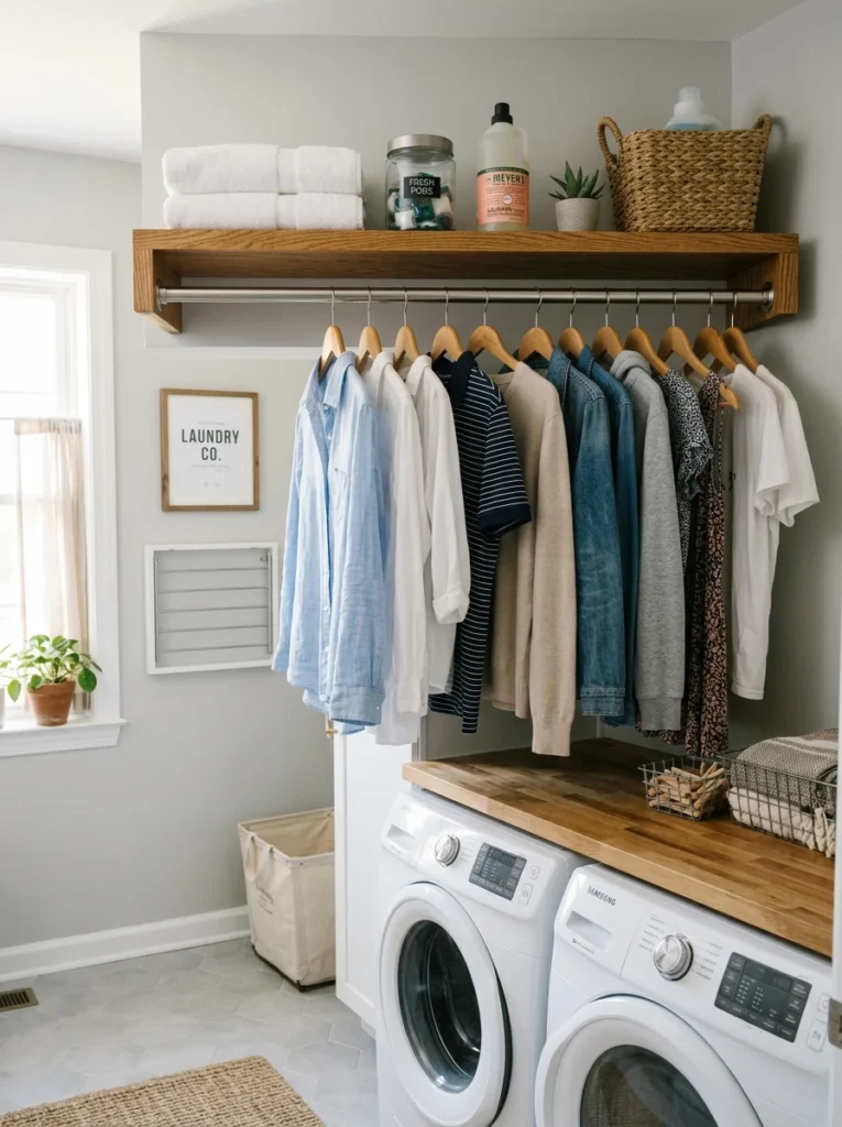 Laundry room shelf with hanging rod for wrinkle-free clothing storage.