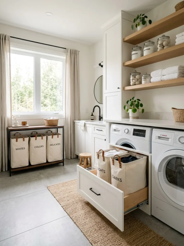 Two-hamper and three-hamper laundry sorting systems in modern laundry room.