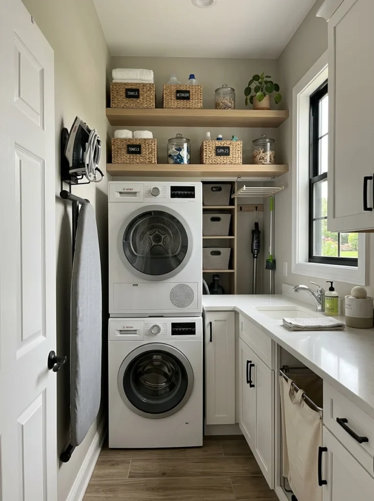 Wall-mounted ironing board holder for compact laundry room storage.