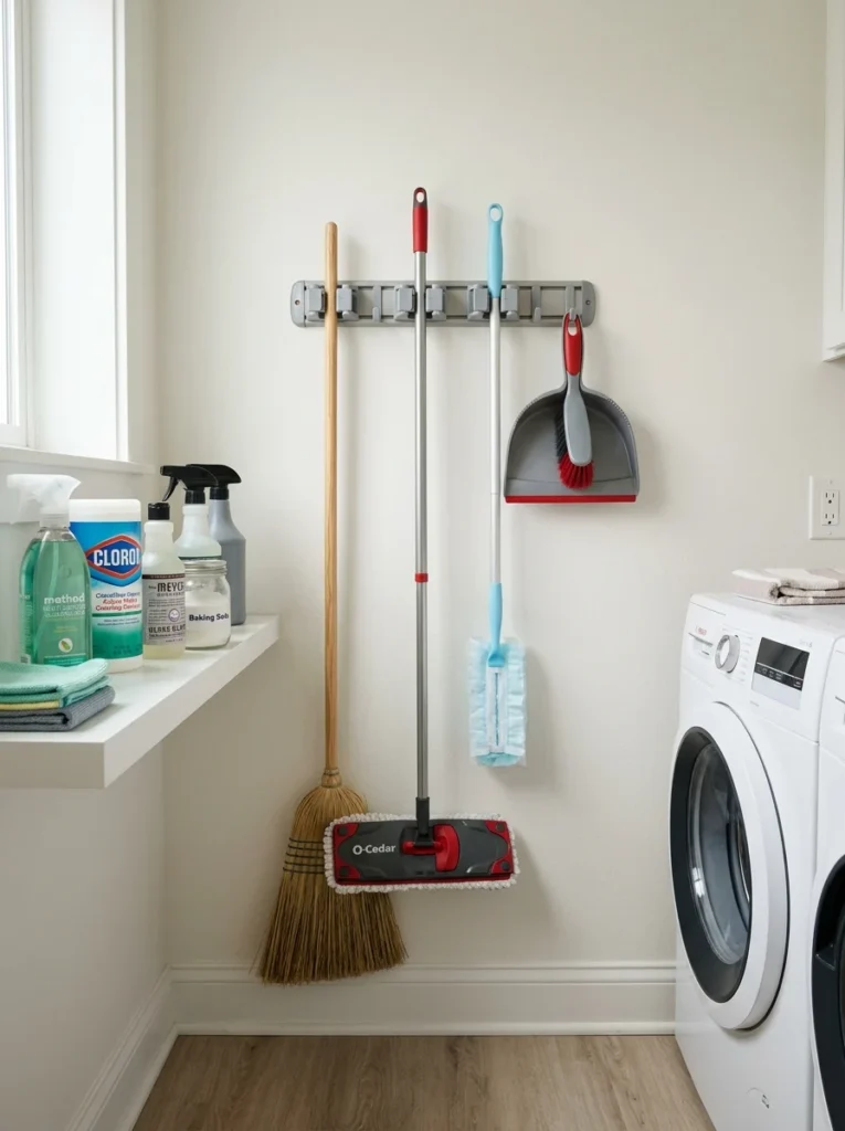 Wall-mounted broom and mop organizer in compact laundry room.