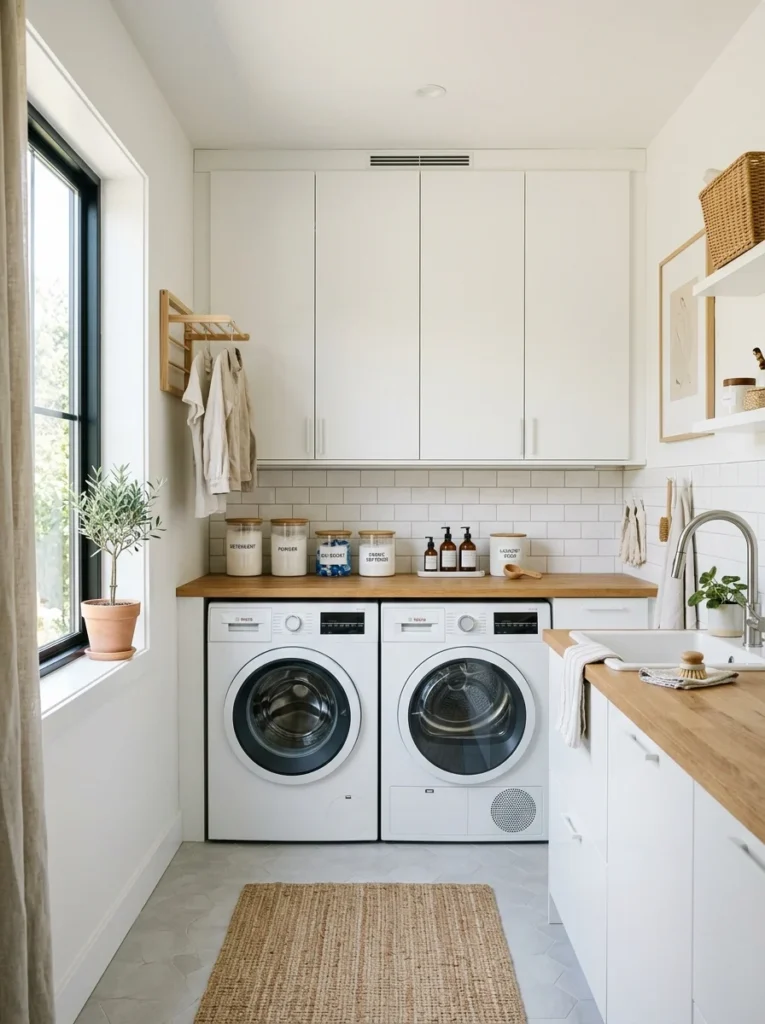 Laundry room cabinets above washer and dryer for organized storage.