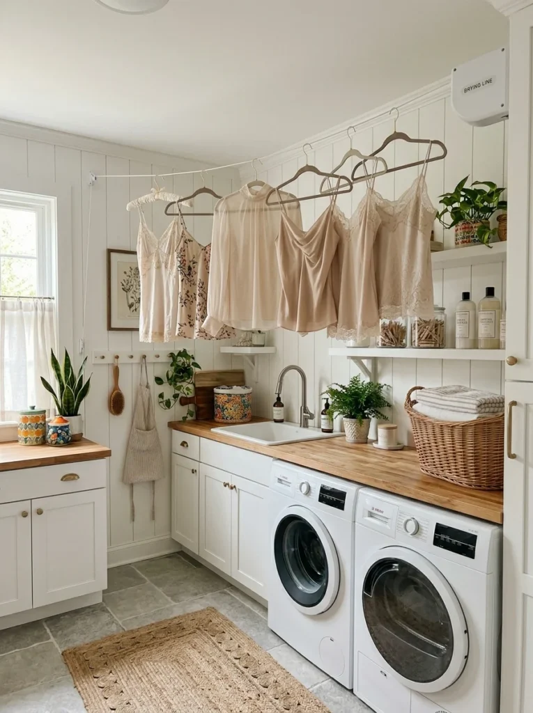Retractable clothesline for air-drying delicate laundry items.