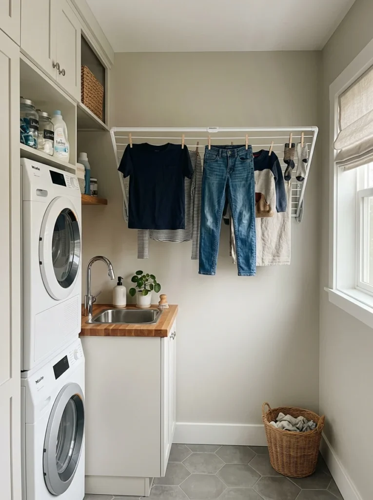 Foldable wall-mounted drying rack for space-saving laundry organization.