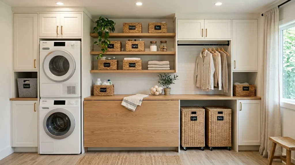 Modern organized laundry room with folding station, floating shelves, woven hampers, and clutter-free storage system.