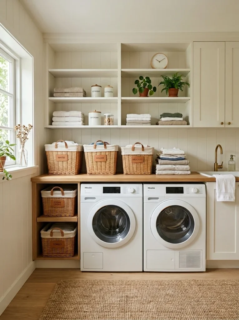 Laundry folding station with countertop above washer and dryer.