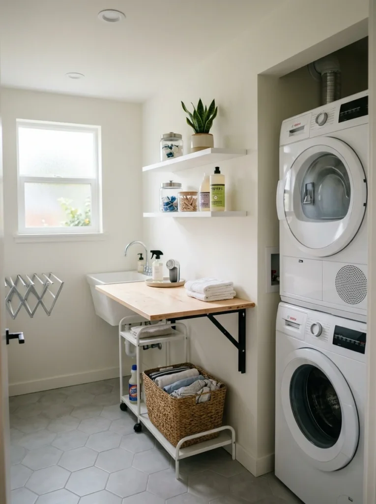 Fold-down laundry table for extra folding space in compact room.