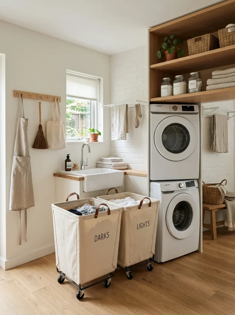 Rolling laundry hampers beside washer and dryer for easy sorting.