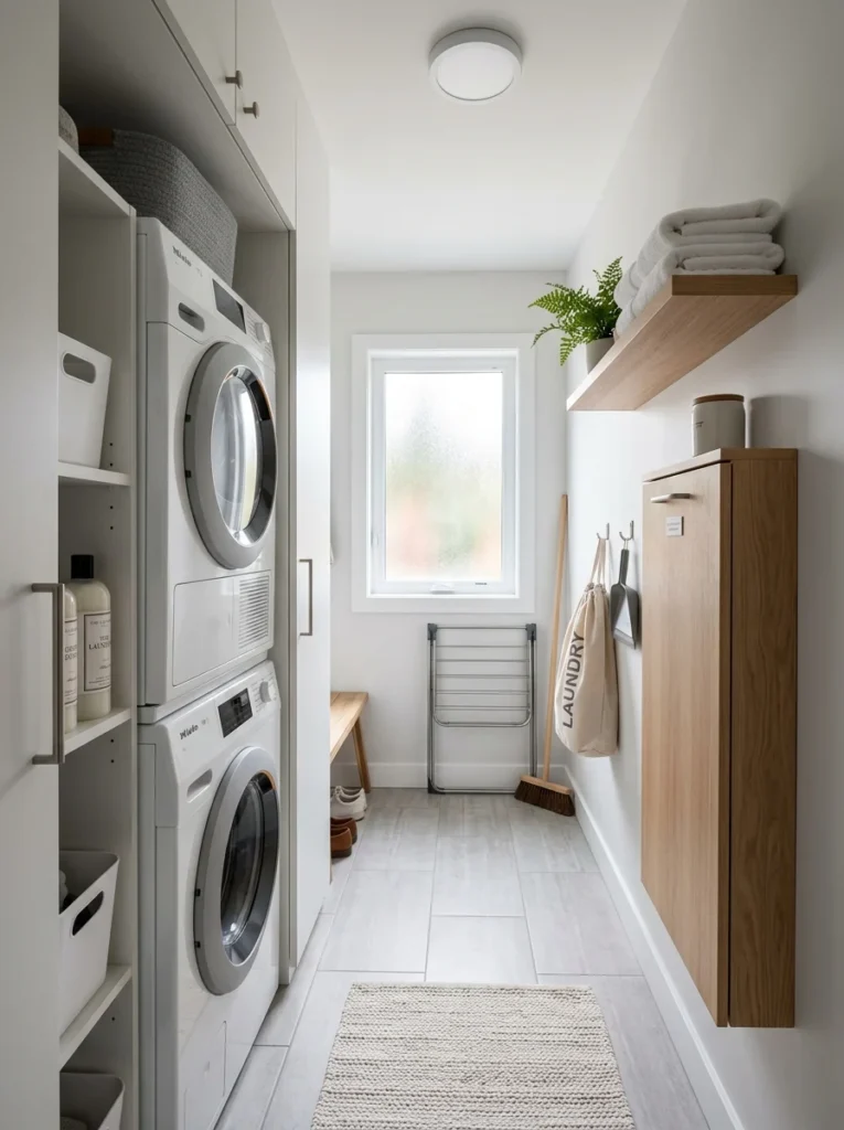 Wall-mounted fold-out ironing station in compact laundry room.