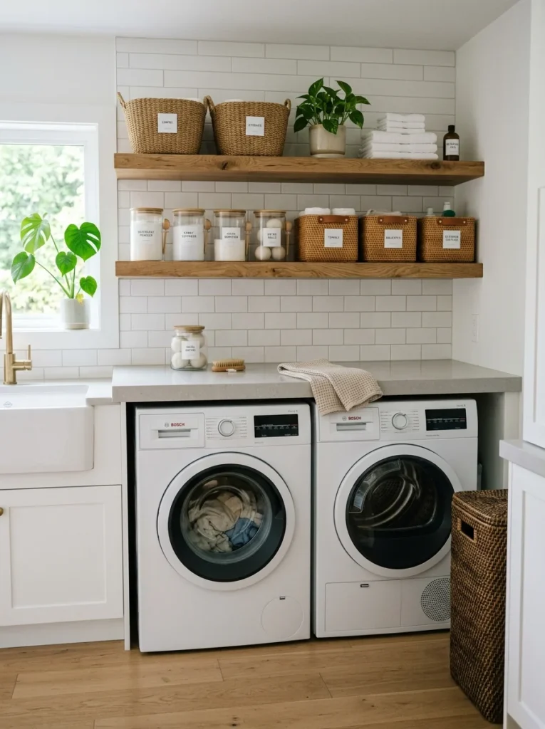 Floating shelves above washer and dryer with organized laundry storage.