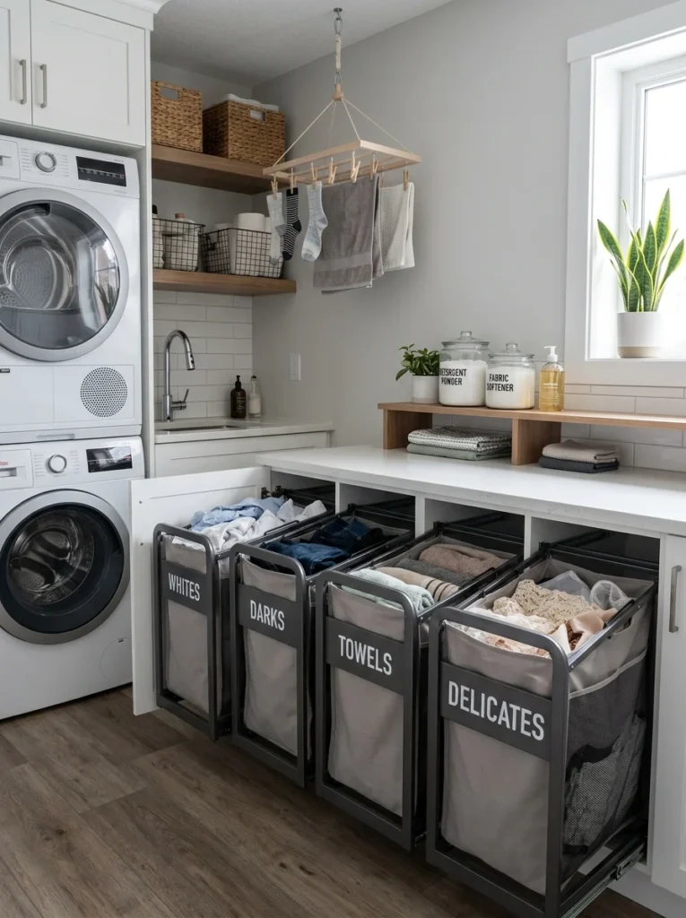 Laundry sorting system with labeled hampers for organized washing routines.