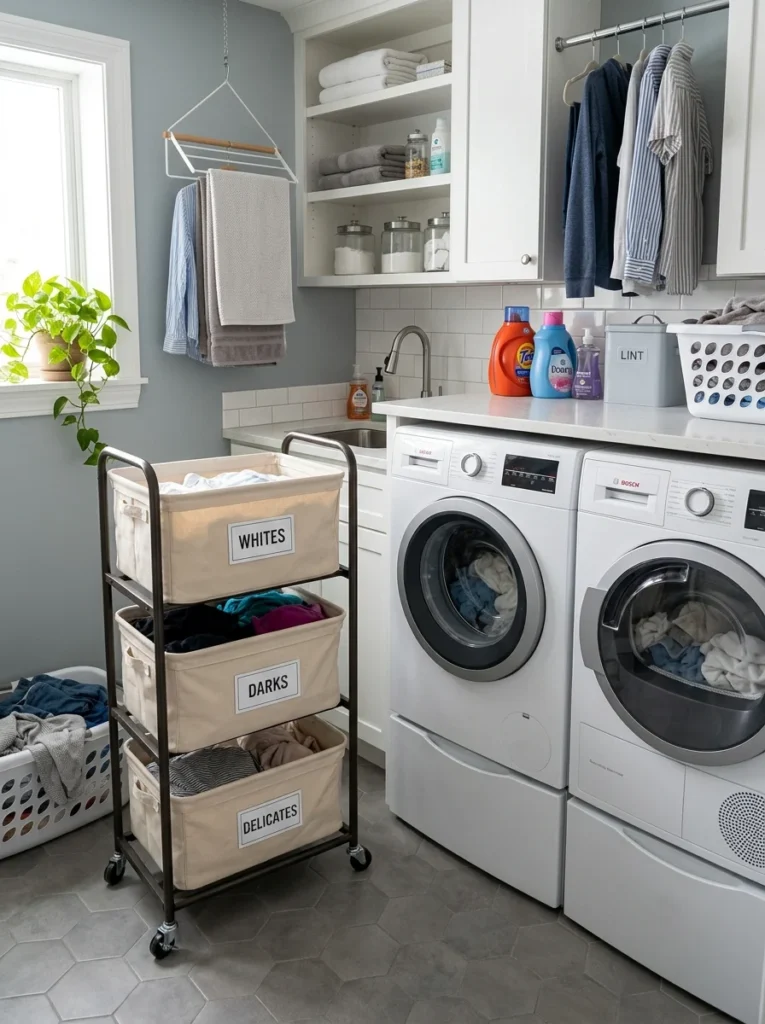 Dirty laundry zone with rolling hampers for organized clothing sorting.