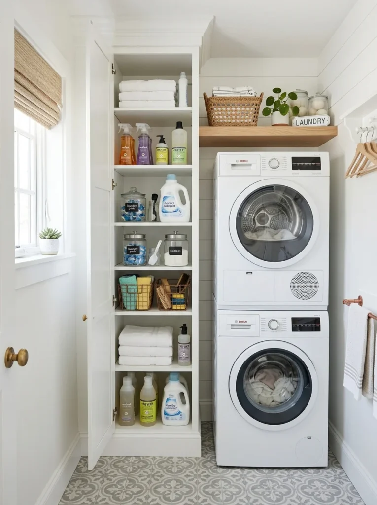 Small laundry room with tall narrow storage cabinet beside washer dryer, organized cleaning supplies, bright white decor, realistic interior photography