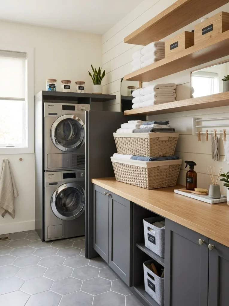 Empty washer and dryer with neatly folded clean laundry.