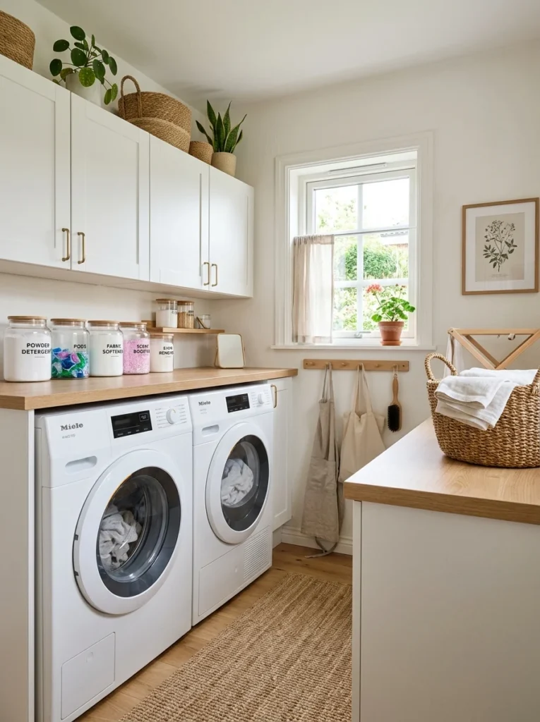 Above-machine storage cabinets in modern organized laundry room.