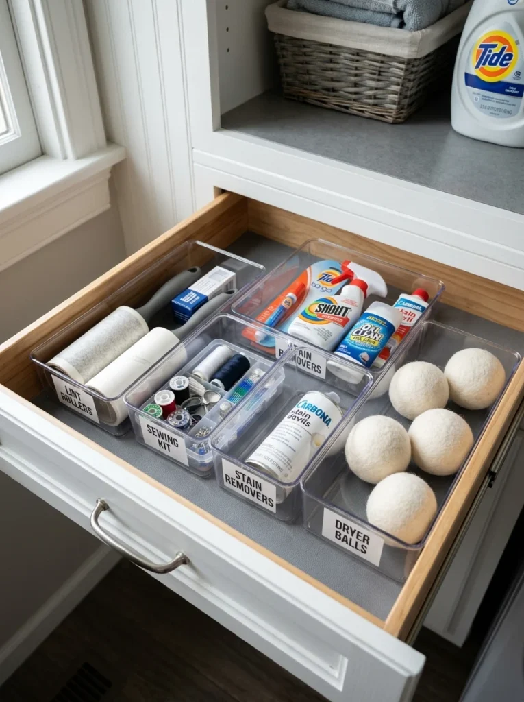 Laundry room supply drawer with organized laundry accessories.