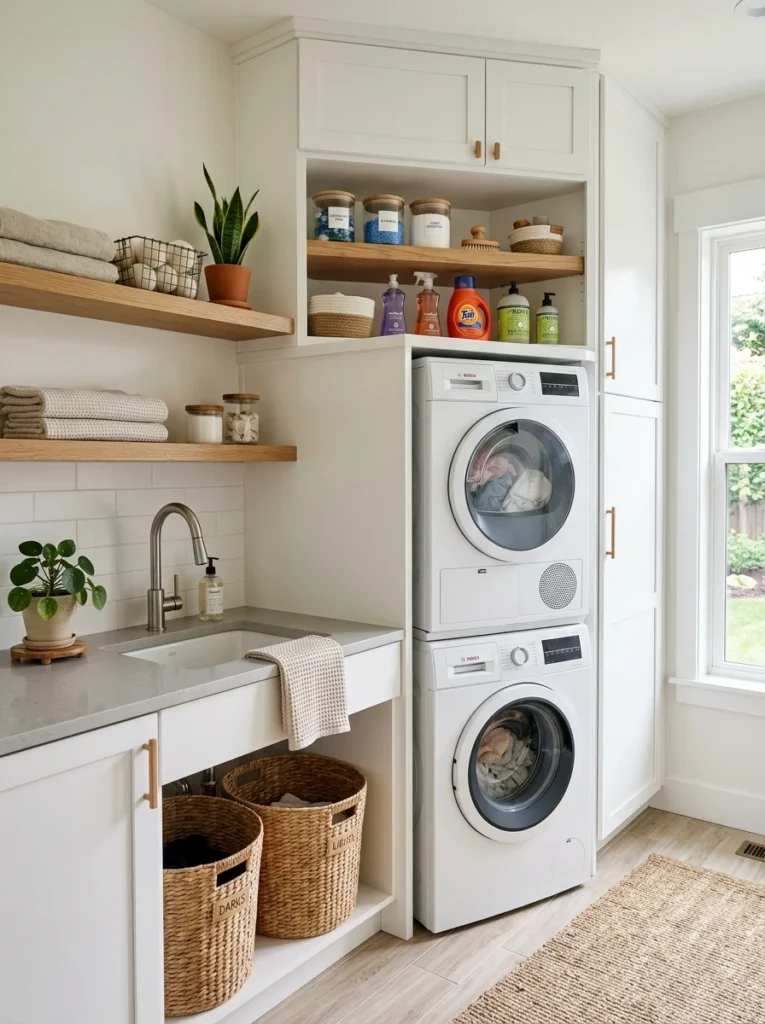 Laundry washing zone with organized detergent storage and shelves above machines.