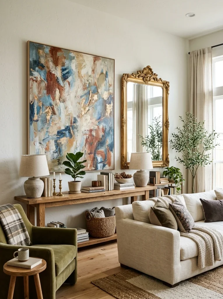 Artwork hung at correct height above sofa in modern living room.
