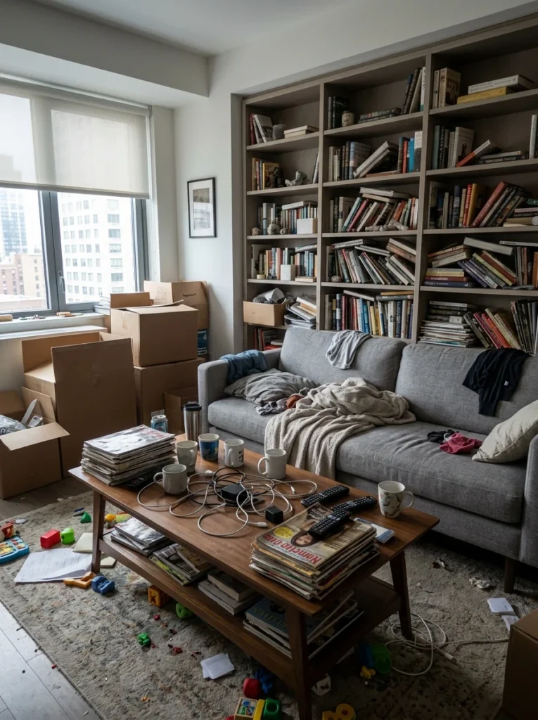 Decluttered living room with clean organized surfaces and cozy modern styling.