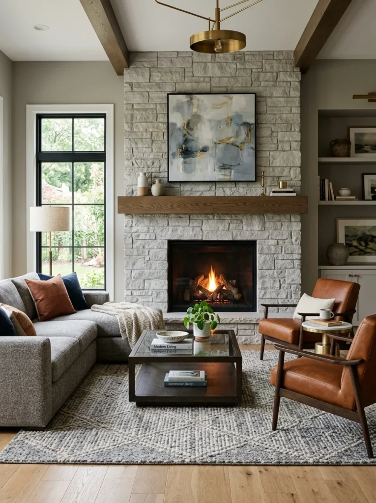 Living room furniture arranged around fireplace focal point.