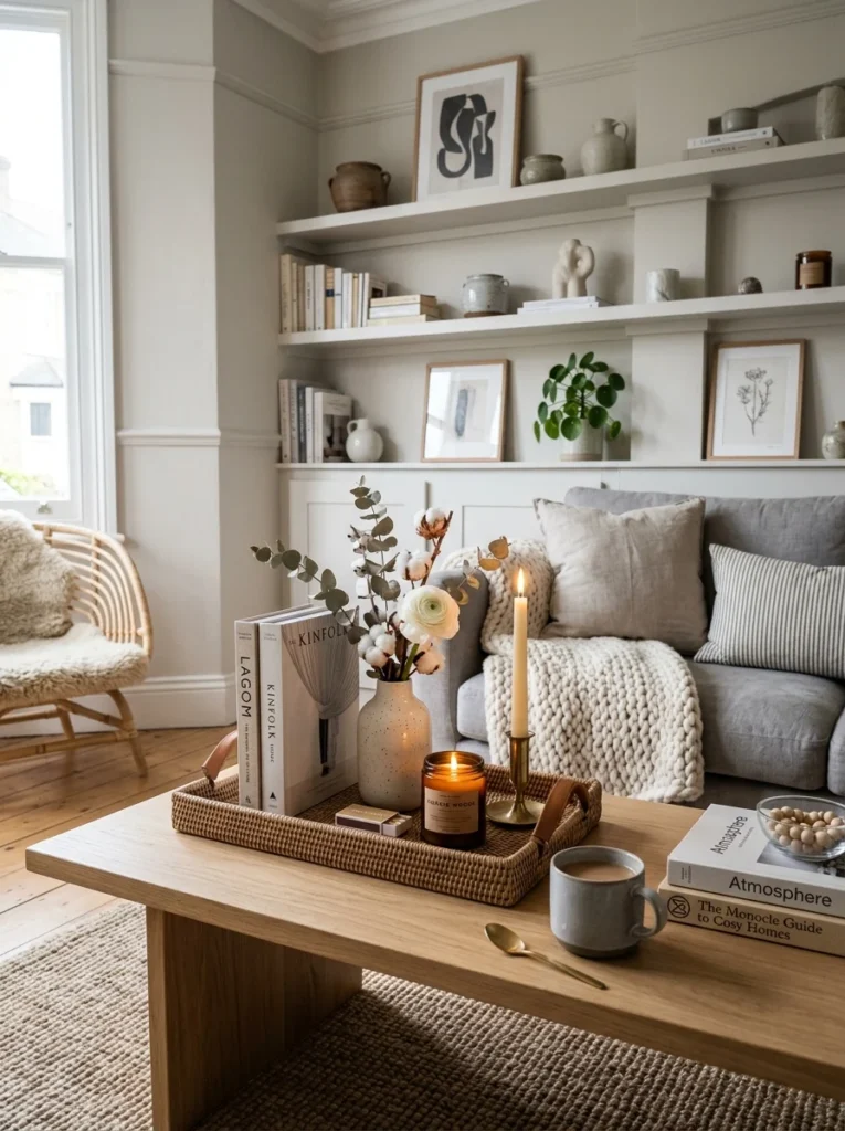 Styled coffee table and shelves with candles, books, and decorative accessories.