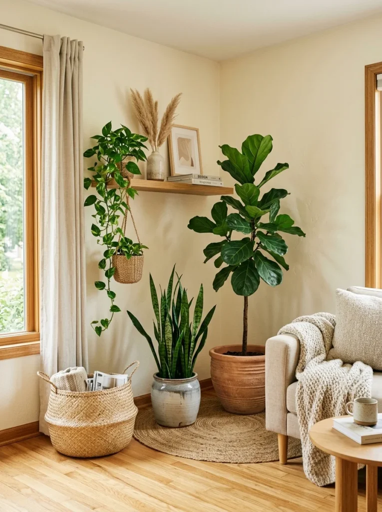 Indoor plants styled in woven baskets adding life and texture to living room.