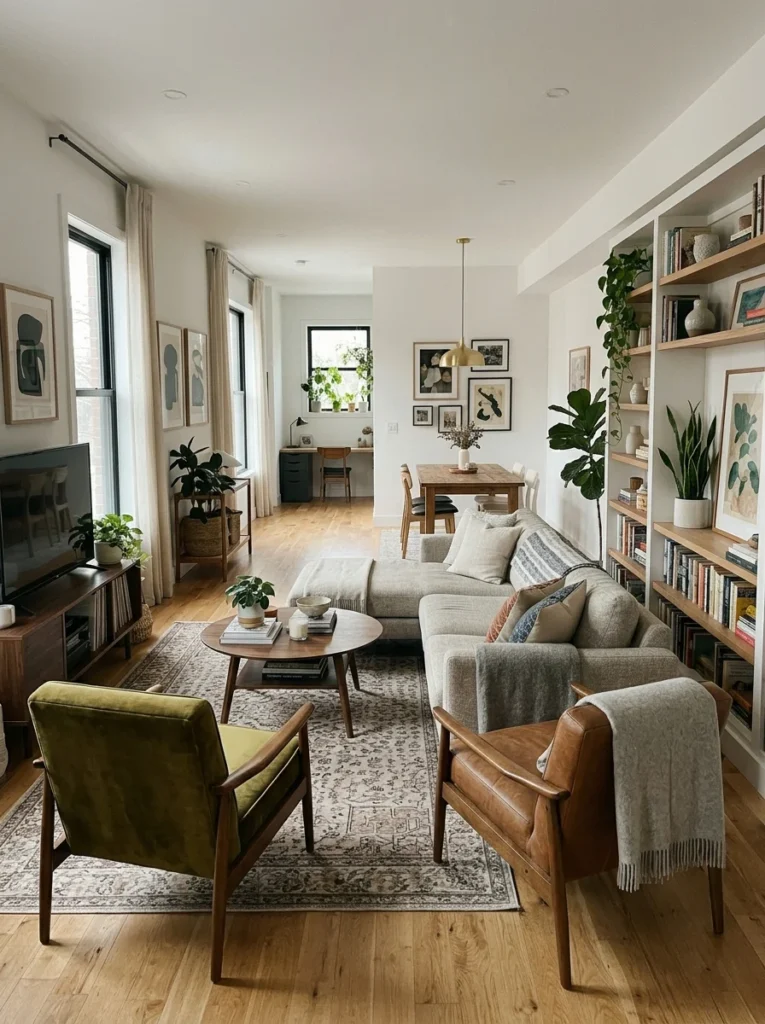 Long narrow living room arranged into two functional seating zones.