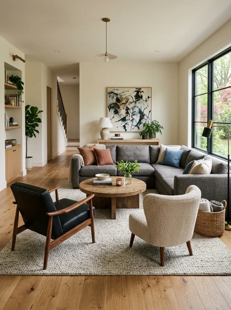 Living room furniture arranged into cozy conversation-focused layout.